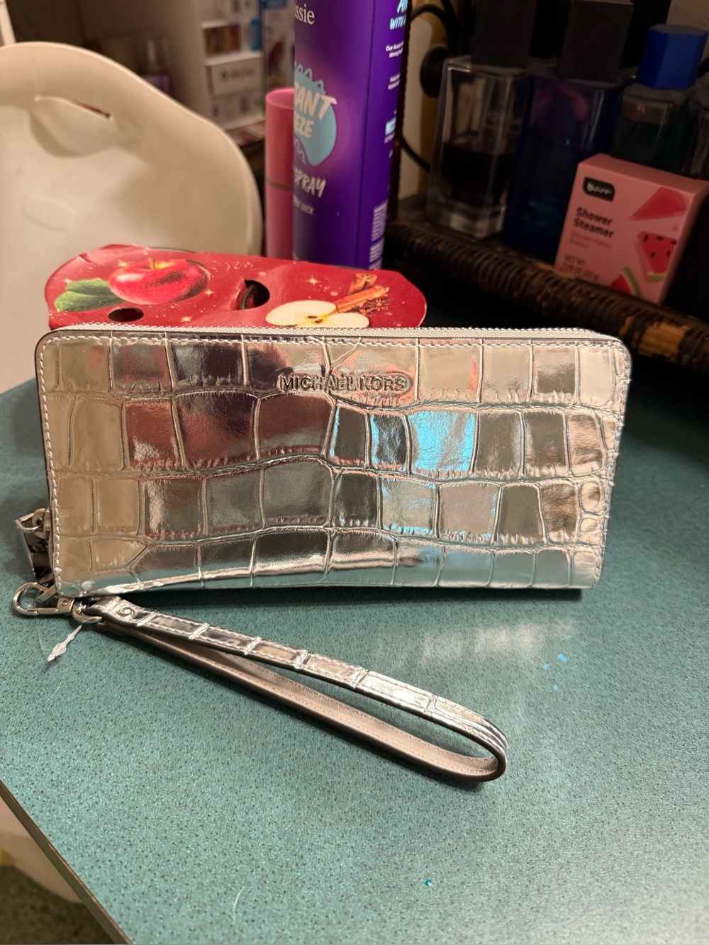 Michael Kors Metallic Silver Croc-Embossed Wristlet